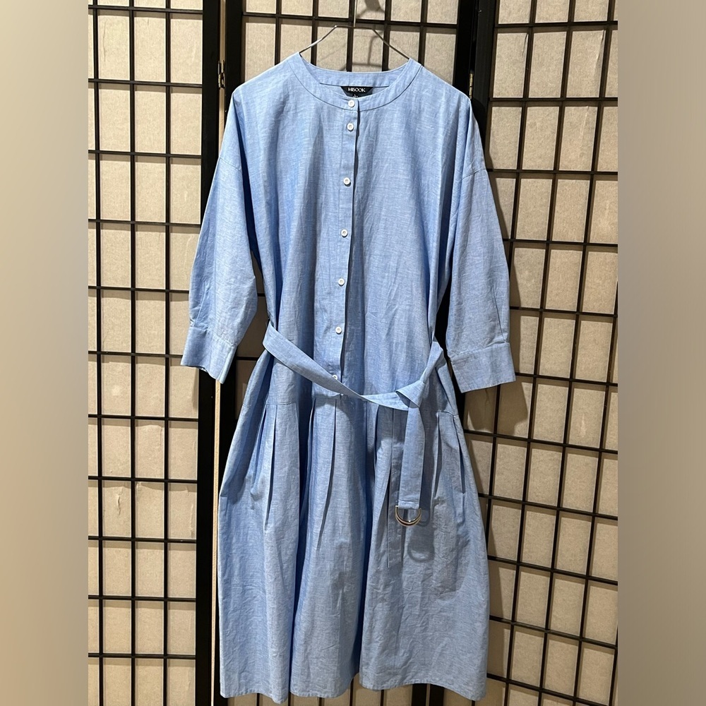 MISOOK LINEN/ COTTON BLEND Light Blue Pleated DROP WAIST SHIRT Dress SIZE L